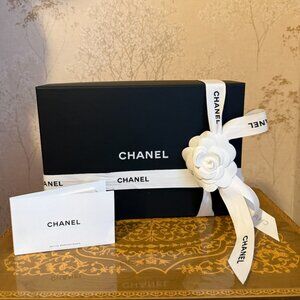 Authentic Chanel gift Box with Tissue Paper, Ribbon and white camellia